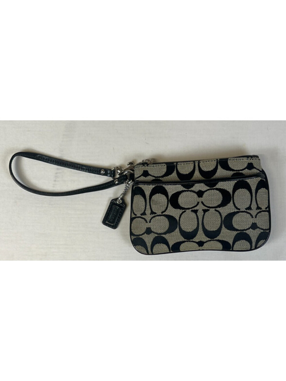 Coach Signature Women Small Wristlet Black Gray Canvas Leather Strap Handbag